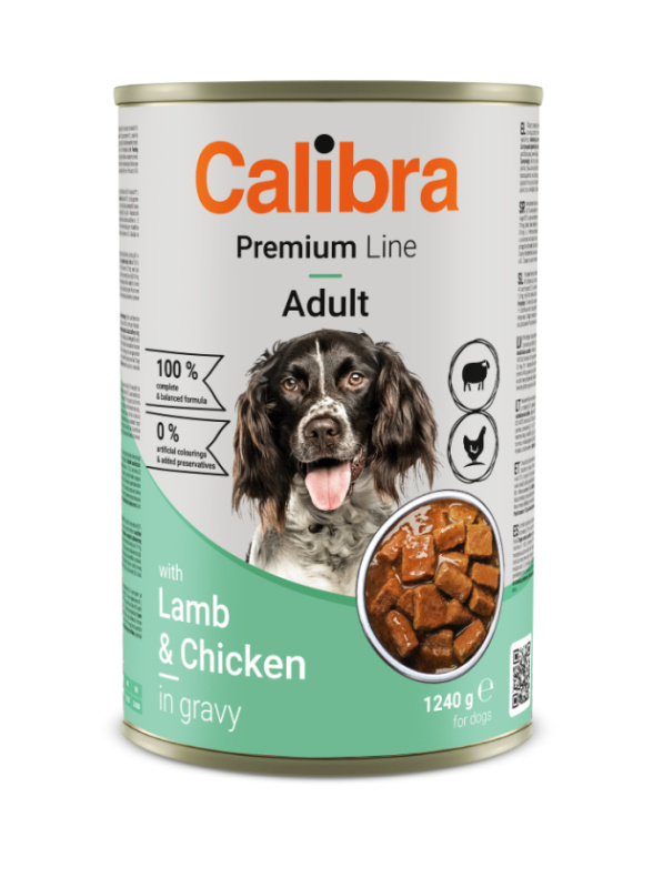 Krmivo pro psy Jehně a kuře CALIBRA Dog Premium  Lamb Chicken, konzerva 1,24kg