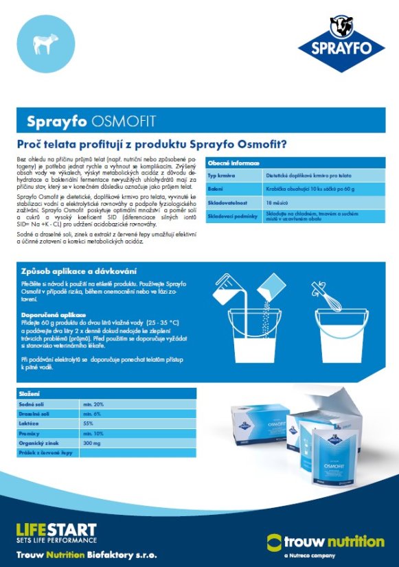 Doplňkové krmivo pro telata, jehňata při průjmech Sprayfo Osmofit, 60g
